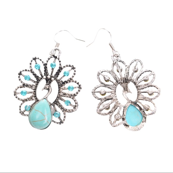 Peacock Drop Earrings Boho Fake Turquoise - Picture 2 of 8